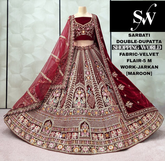 Delightful Dark Maroon Maroon Velvet Double Dupatta Bridal Lehenga
