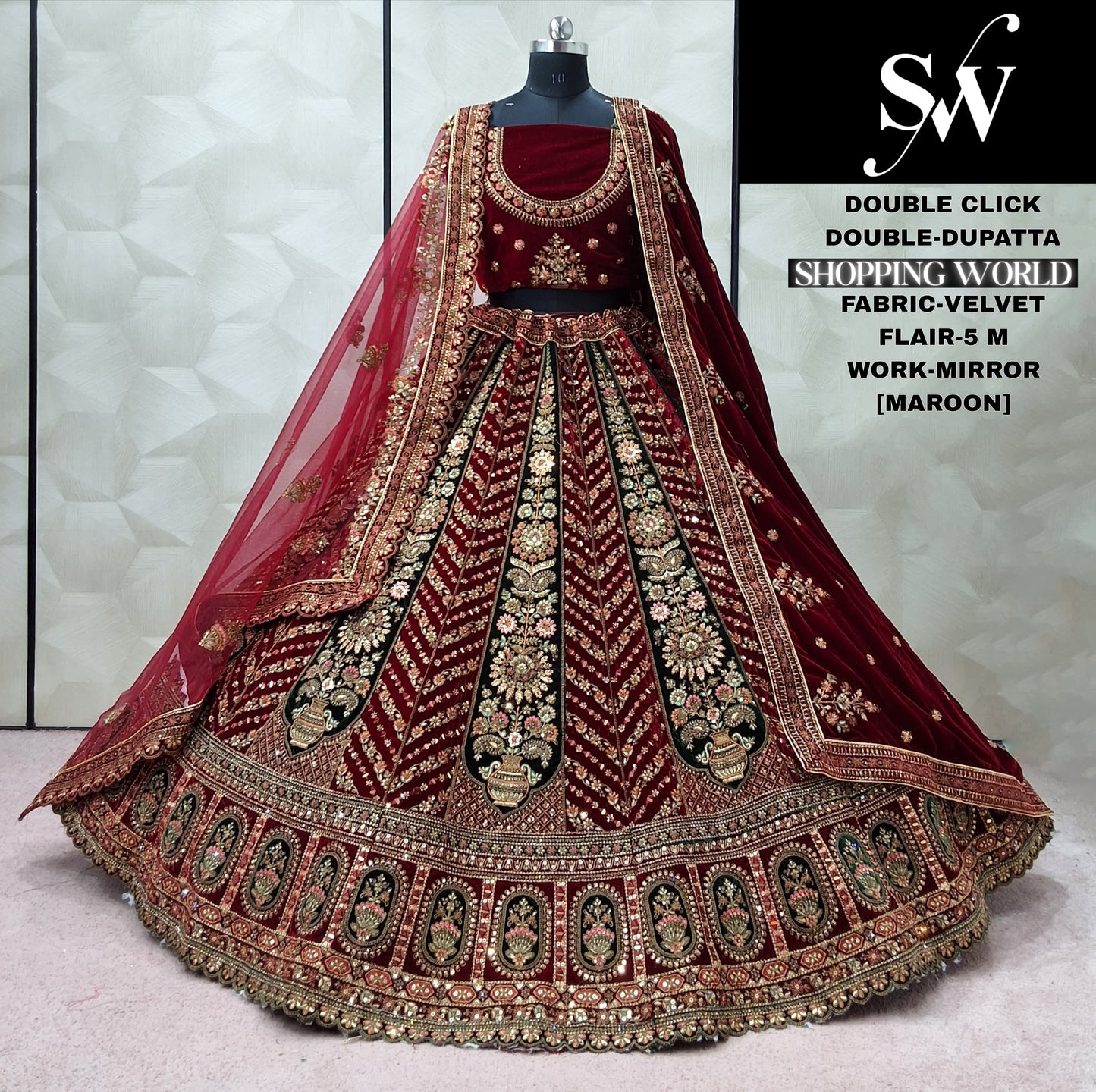 Astonishing Dark Maroon Maroon Velvet Double Dupatta Bridal Lehenga