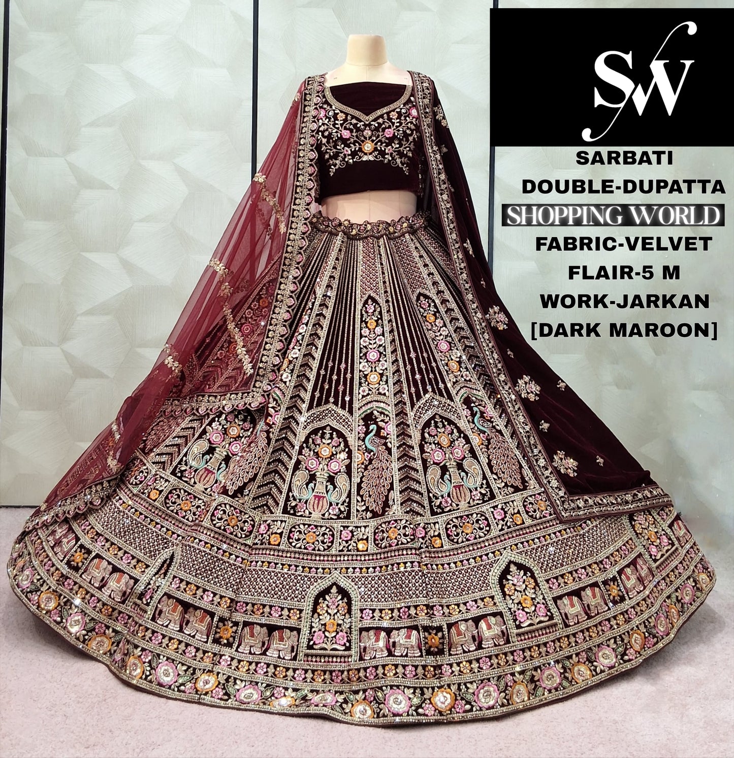 Embellished Maroon Dark Maroon Velvet Double Dupatta Bridal Lehenga