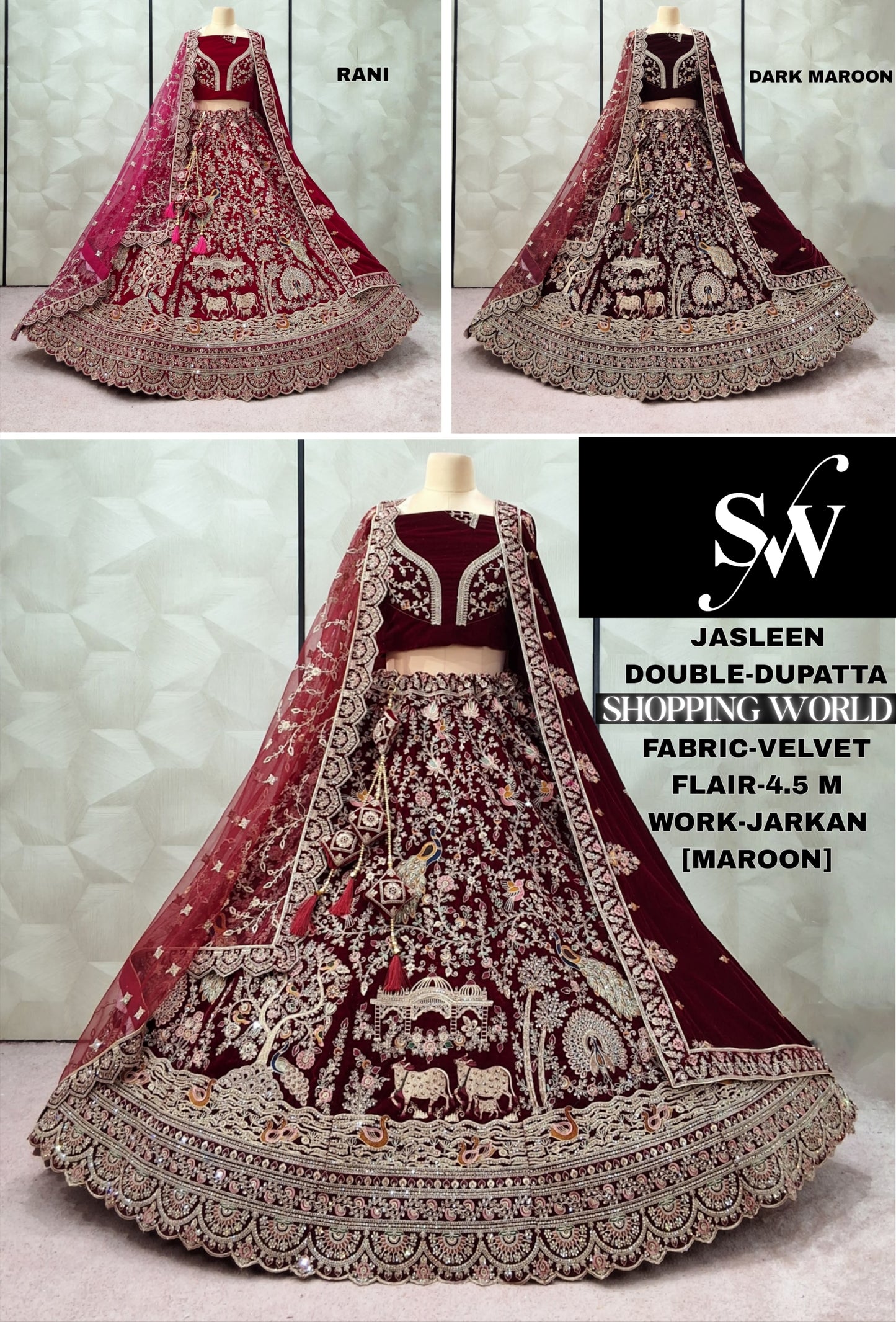 Elegant Dark Maroon Maroon Rani pink Velvet Double Dupatta Bridal Lehenga