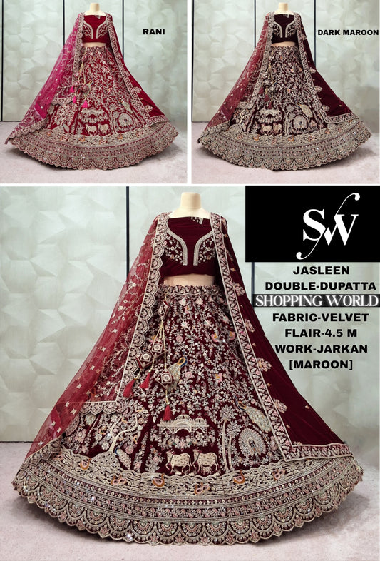 Elegant Dark Maroon Maroon Rani pink Velvet Double Dupatta Bridal Lehenga