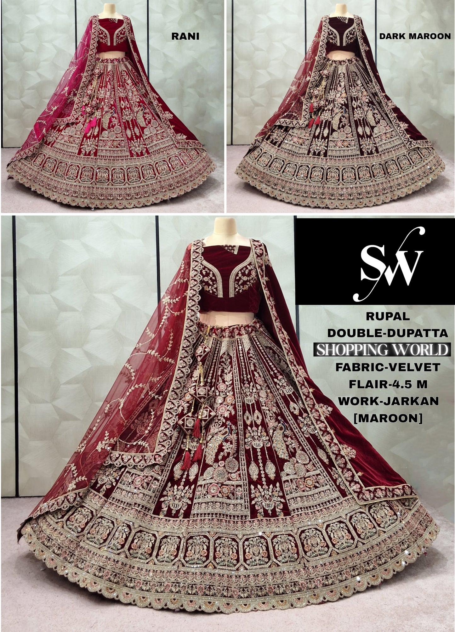 Engaging Dark Maroon Maroon Rani pink peacock Velvet Double Dupatta Bridal Lehenga