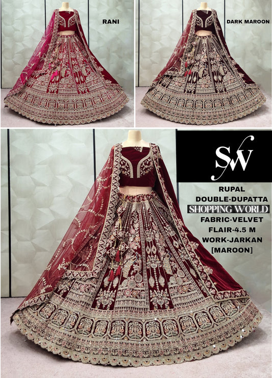 Engaging Dark Maroon Maroon Rani pink peacock Velvet Double Dupatta Bridal Lehenga