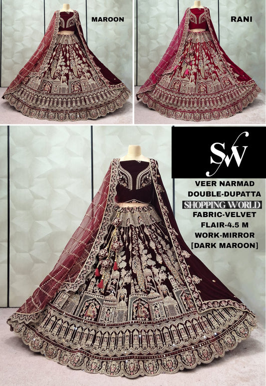 Amazing Dark Maroon Maroon Rani pink peacock Velvet Double Dupatta Bridal Lehenga