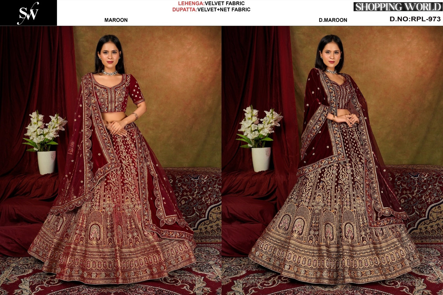 Fabulous Maroon Dark maroon Velvet bridal Lehenga