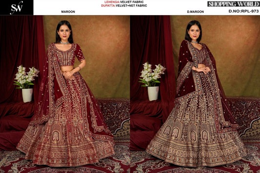 Fabulous Maroon Dark maroon Velvet bridal Lehenga