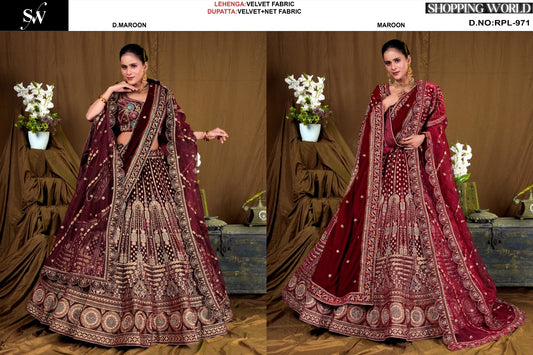 Fantastic Maroon Dark maroon Velvet bridal Lehenga