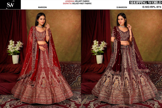 Awesome Maroon Dark maroon Velvet bridal Lehenga