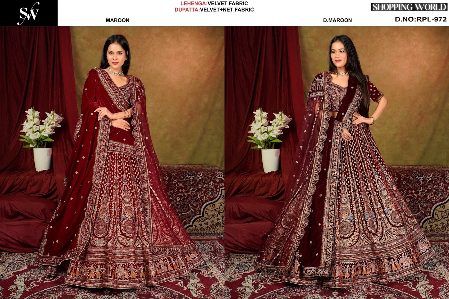 Embellished Maroon Dark maroon Velvet Bridal Lehenga