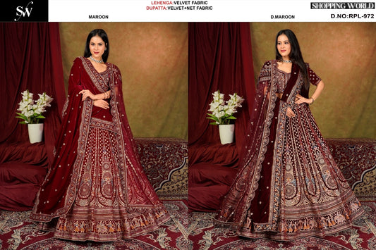 Embellished Maroon Dark maroon Velvet Bridal Lehenga