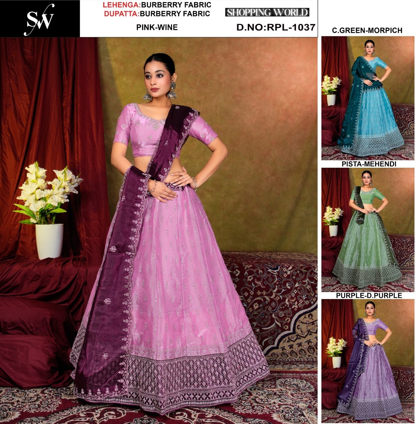Something different pink Sea green Pista green purple Burberry Crop Top Lehenga