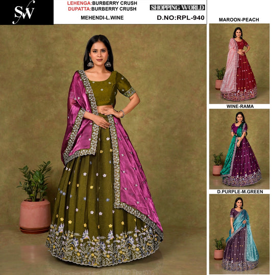 Eye Catching Mehendi green Maroon Wine Dark purple Burberry Crush Crop Top Lehenga