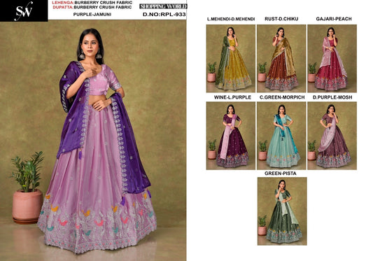 Pleasing purple Light mehendi Rust gajri pink wine Sea green Dark purple Green Burberry Crush Crop Top Lehenga