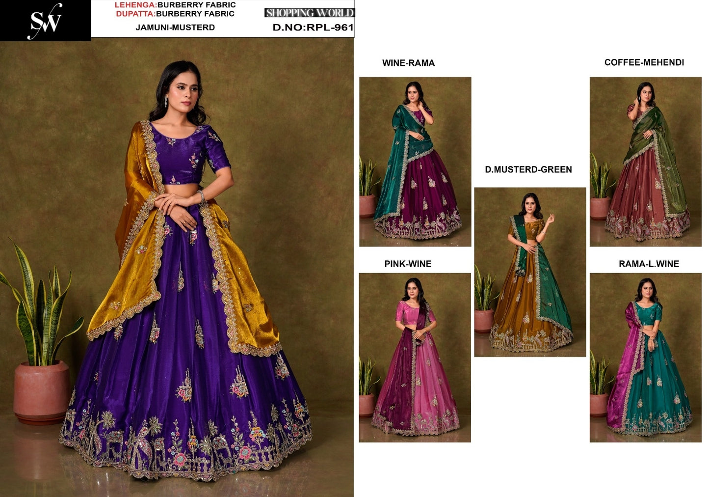 Charming Jamuni wine Coffee Dark mustard pink Rama green Burberry Crop Top Lehenga