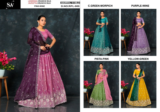 Majestic Pink Sea green Purple pista green yellow Crunch Silk Crop Top Lehenga