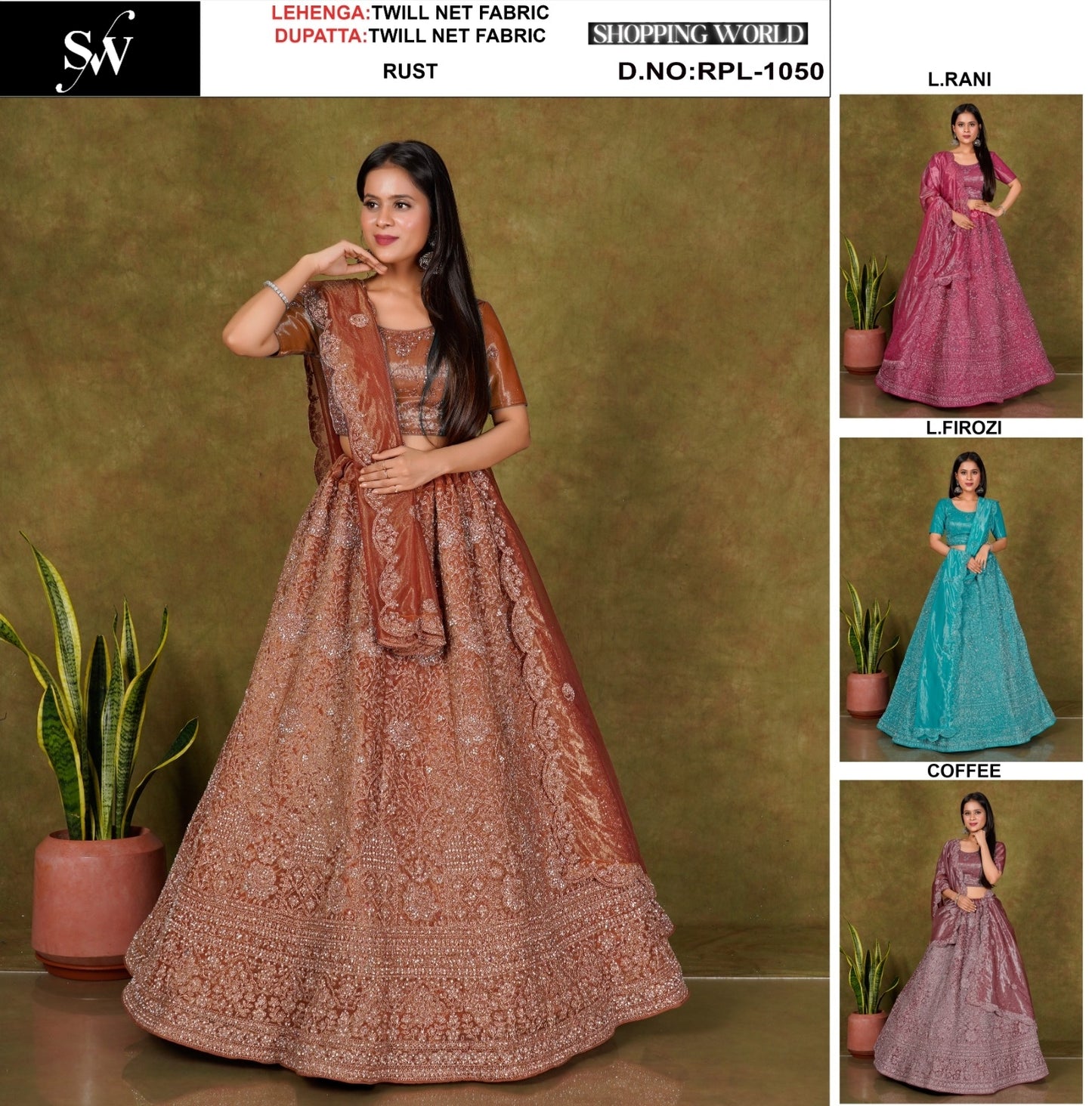 Designer Rust orange Light Rani pink Light Firozi blue Coffee Crop Top Lehenga