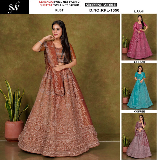 Designer Rust orange Light Rani pink Light Firozi blue Coffee Crop Top Lehenga