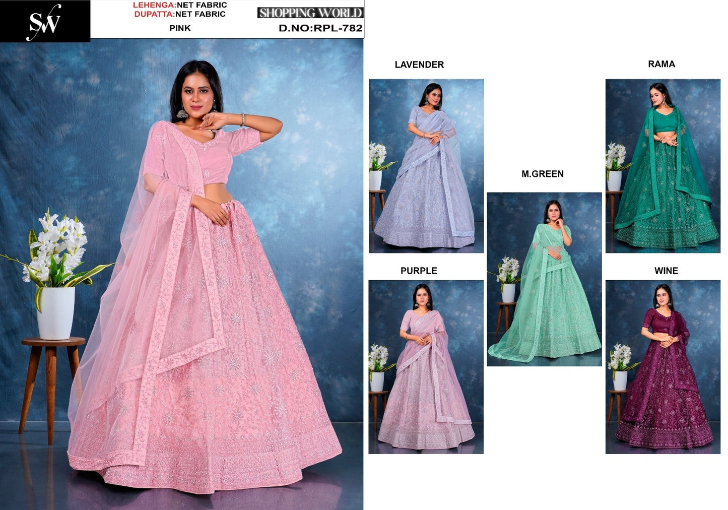 Good looking pink lavender purple mint green rama green wine Net Lehenga