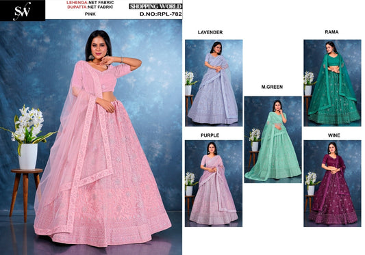 Good looking pink lavender purple mint green rama green wine Net Lehenga