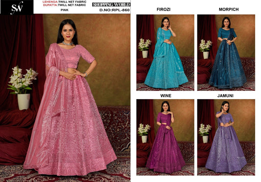 Pretty pink firozi blue morpich Dark blue wine jamuni purple Twill Net Lehenga