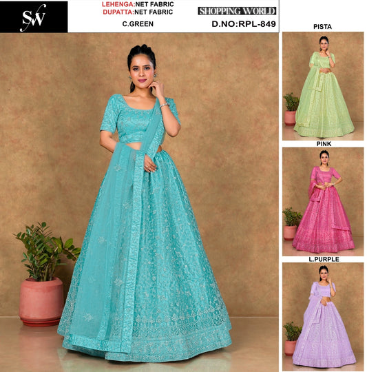 Beautiful Sea green pista green pink light purple Net Lehenga