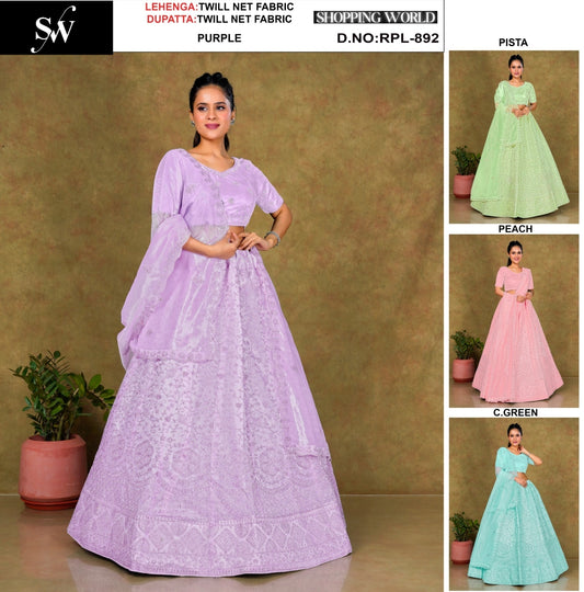 Khoobsurat purple pista green peach Sea green Twill Net Lehenga