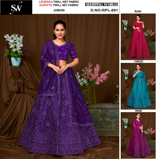 Lavishing jamuni purple Rani pink Firozi blue Wine Twill Net Lehenga