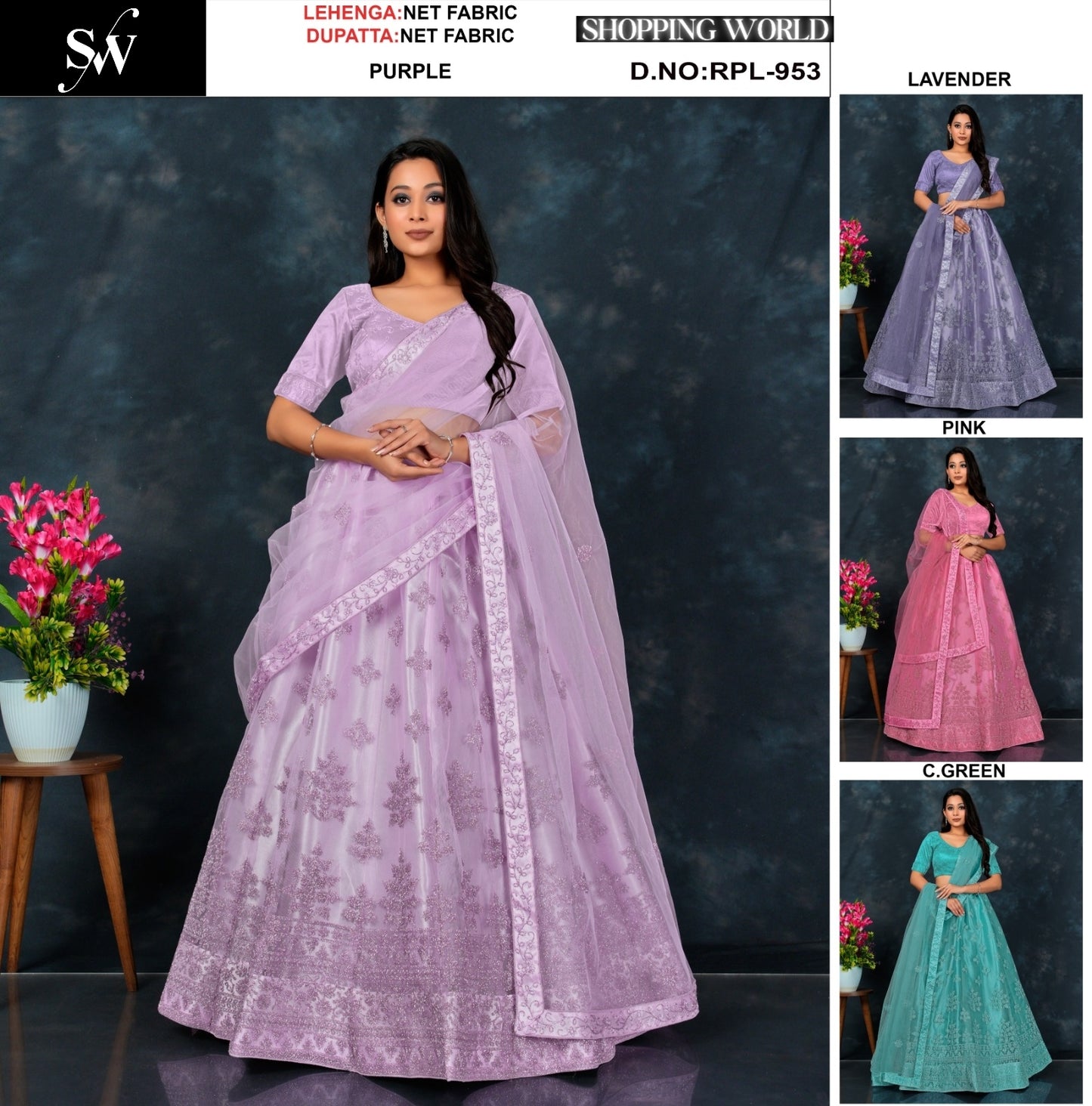 Pleasing purple pink Sea green Lavender Net Lehenga