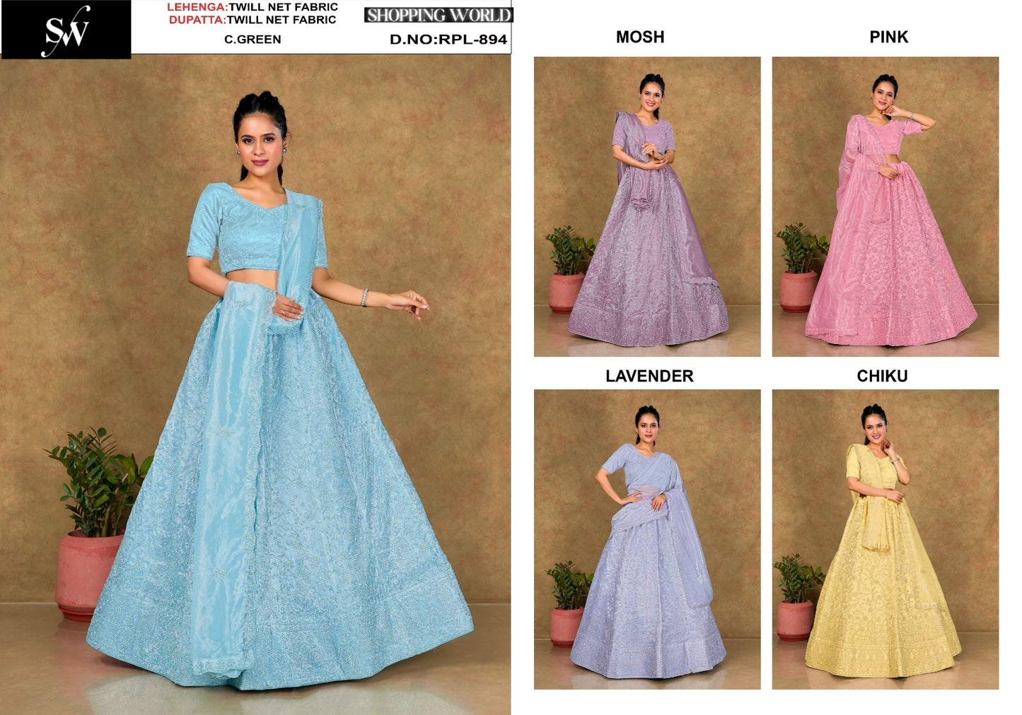 Charming Sea green Mosh pink lavender Chiku golden Twill Net Lehenga