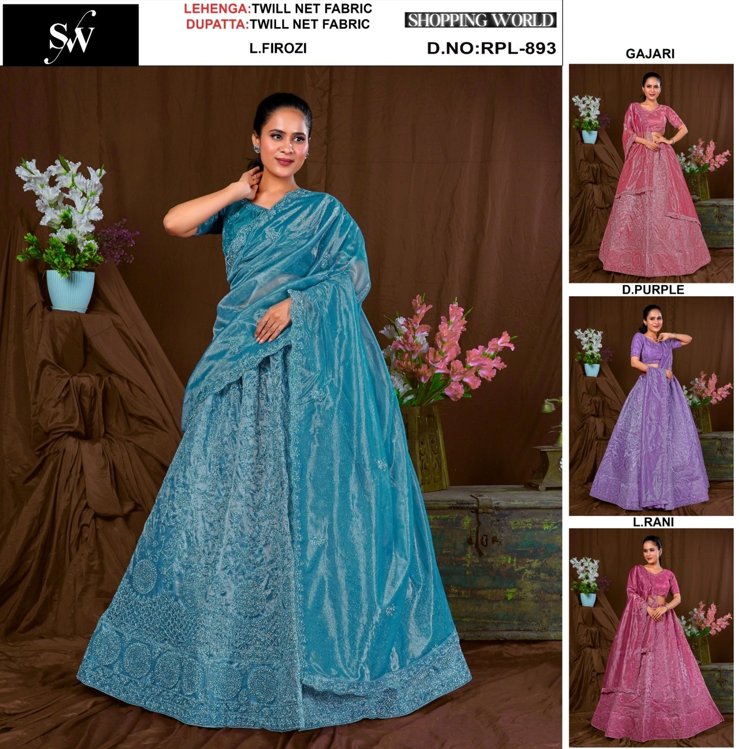 Eye Catching light firozi gajri pink Dark purple Light Ranu Twill Net Lehenga