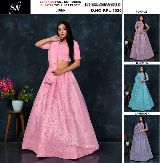 Embellished Light pink purple Sea green lavneder Twill Net Lehenga