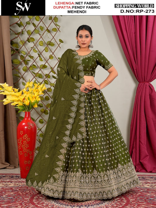 Glamorous mehendi green Net Lehenga