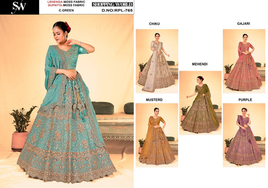 Lavishing Sea green Chiku golden Mustard mehendi green Gajri pink purple Moss Lehenga