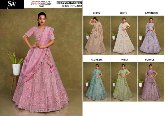 Pleasing pink Chiku golden White Lavender Sea green Pista green Purple Twill Net  Lehenga