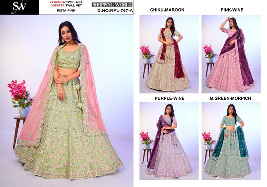 Majestic pista green Chiku golden pink purple Mint green Twill Net  Lehenga