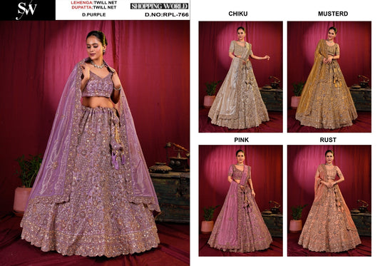 Charming Dark purple Chiku golden Mustard Pink Rust orange Twill Net Lehenga
