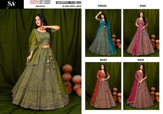 Something different Mehendi green Firozi green Pink Rust orange Rani pink Net Lehenga
