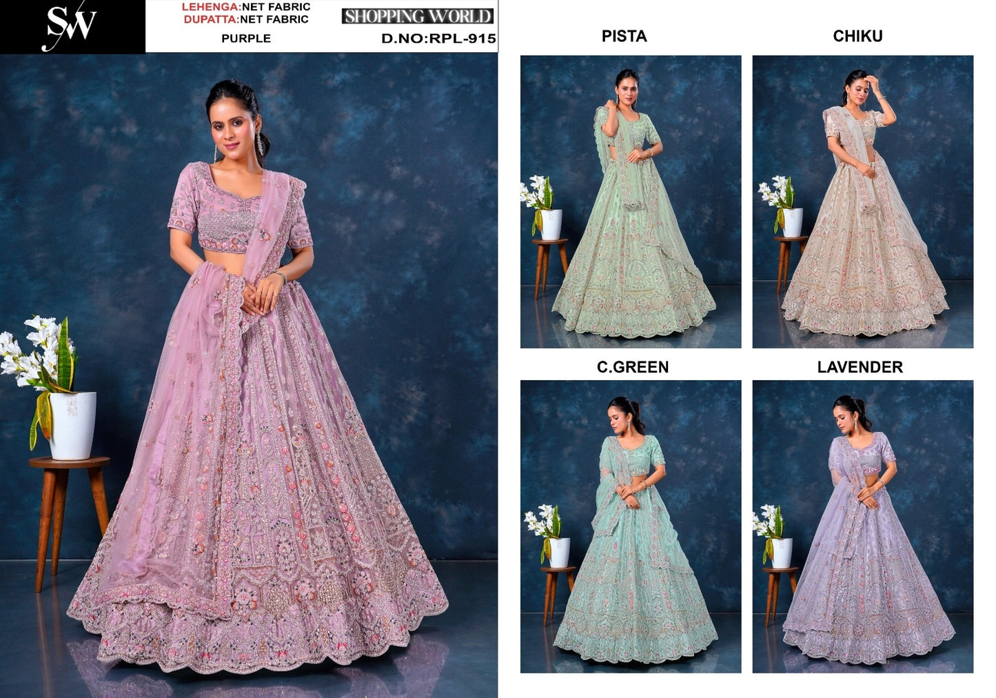 Delightful purple pista green Chiku golden Sea green Lavender Net Lehenga