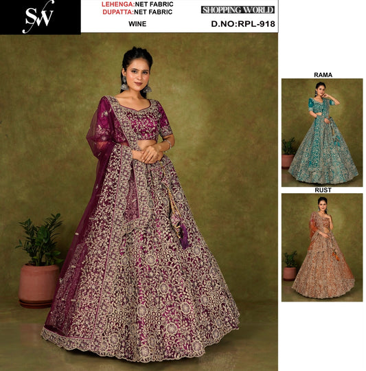 Engaging Wine Rama green Rust orange Net Lehenga