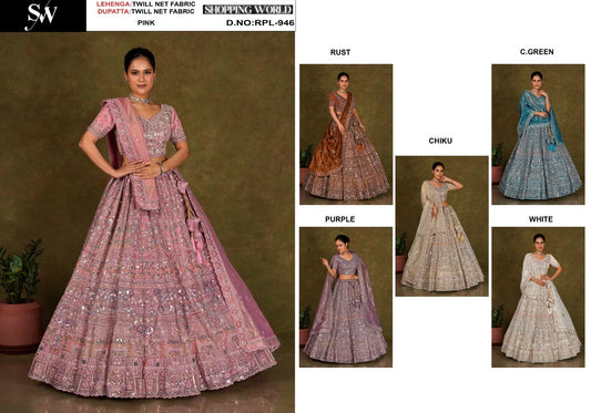 Fantastic pink rust orange purple Chiku golden Sea green White Twill Net Lehenga