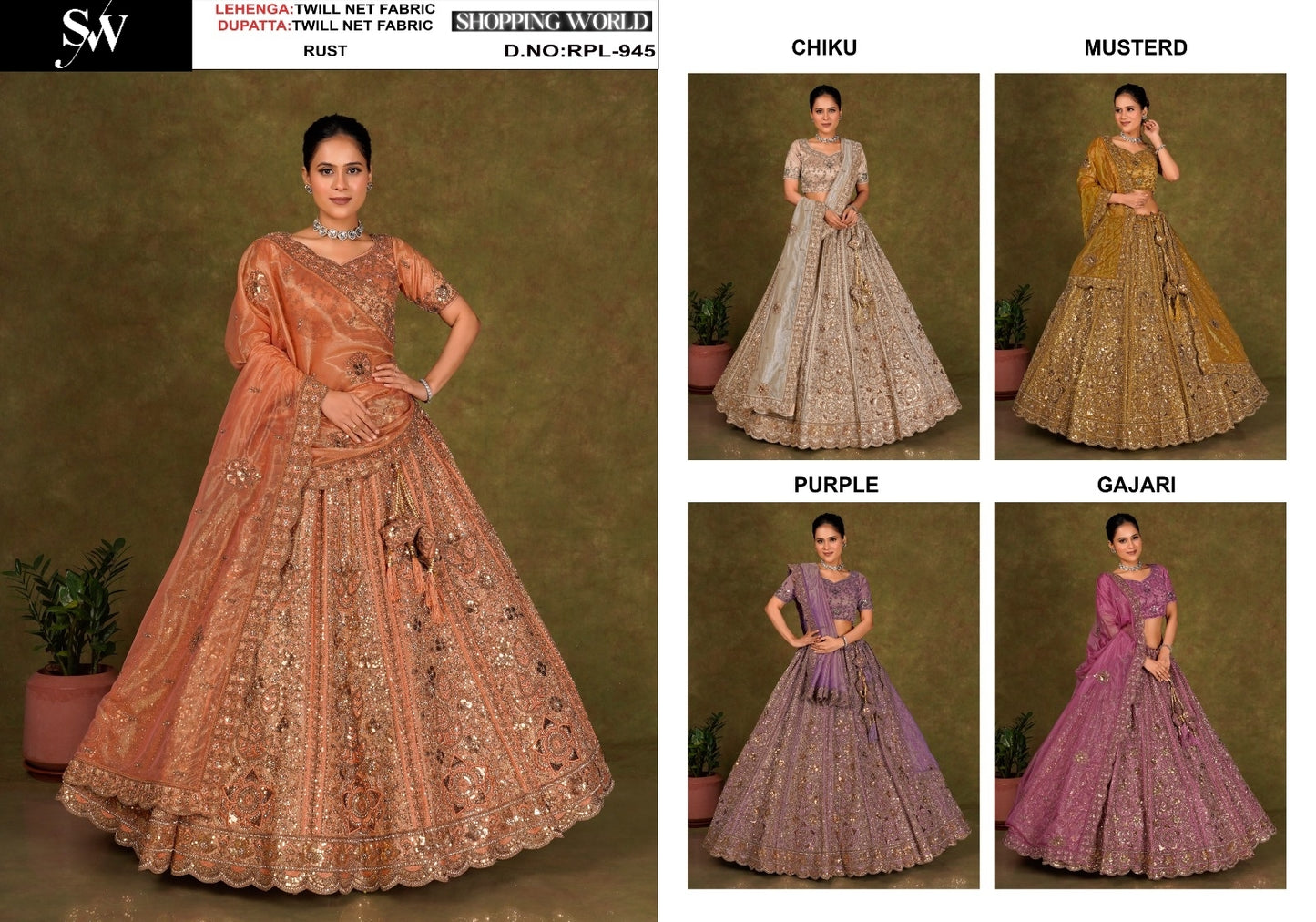 Fabulous Gajri pink rust orange purple Chiku golden Mustard Twill Net Lehenga