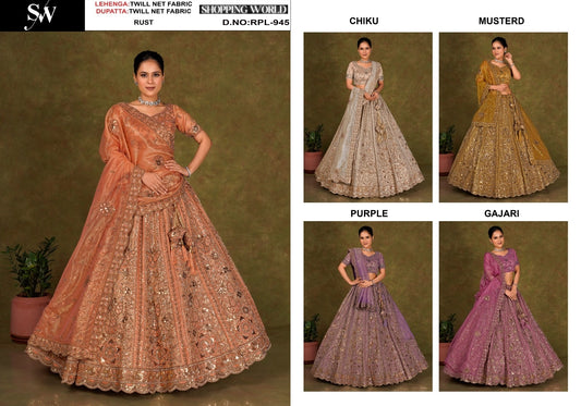 Fabulous Gajri pink rust orange purple Chiku golden Mustard Twill Net Lehenga