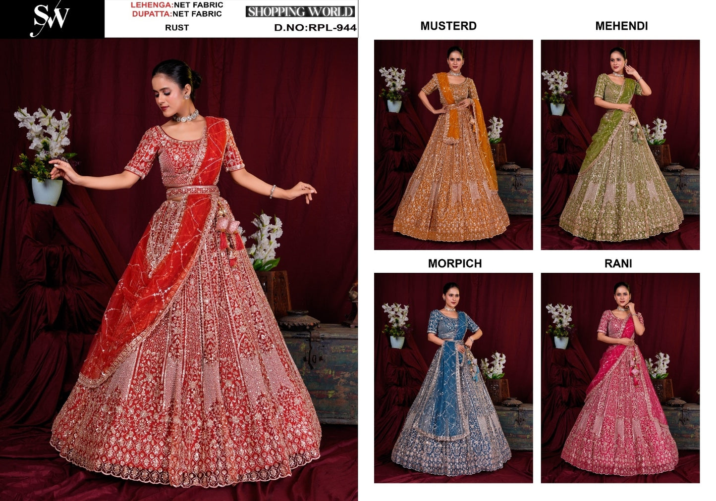 Attractive Rust orange Mustard Mehendi green Morpich blue Rani pink Net Lehenga