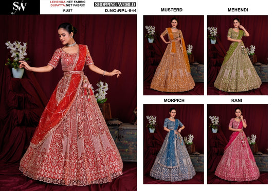Attractive Rust orange Mustard Mehendi green Morpich blue Rani pink Net Lehenga
