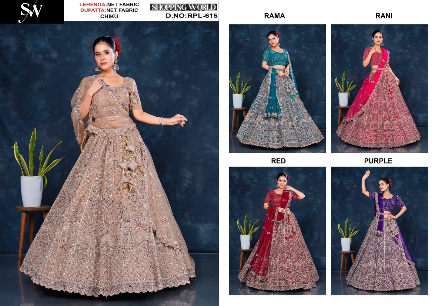 Astonishing Chiku golden Rama green Rani pink Red purple Net Lehenga