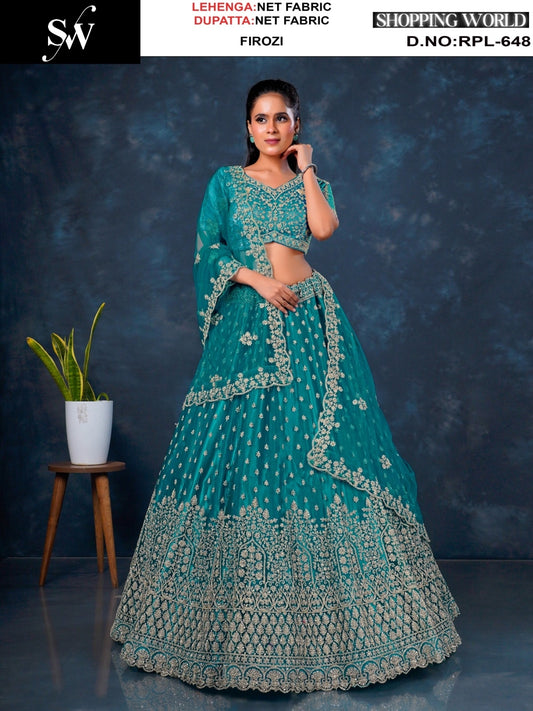 Designer Firozi blue Net Lehenga