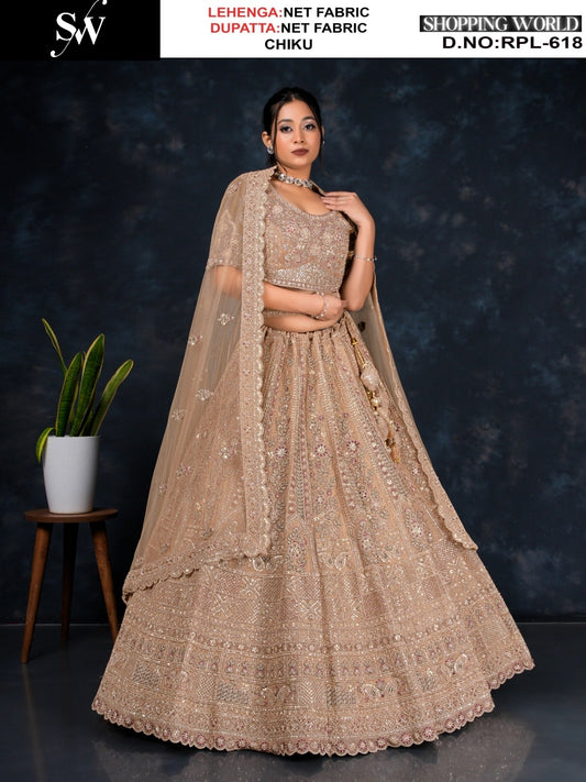 Khoobsurat Chiku golden Net Lehenga