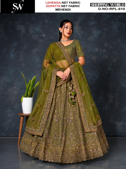 Pretty Mehendi green Net Lehenga