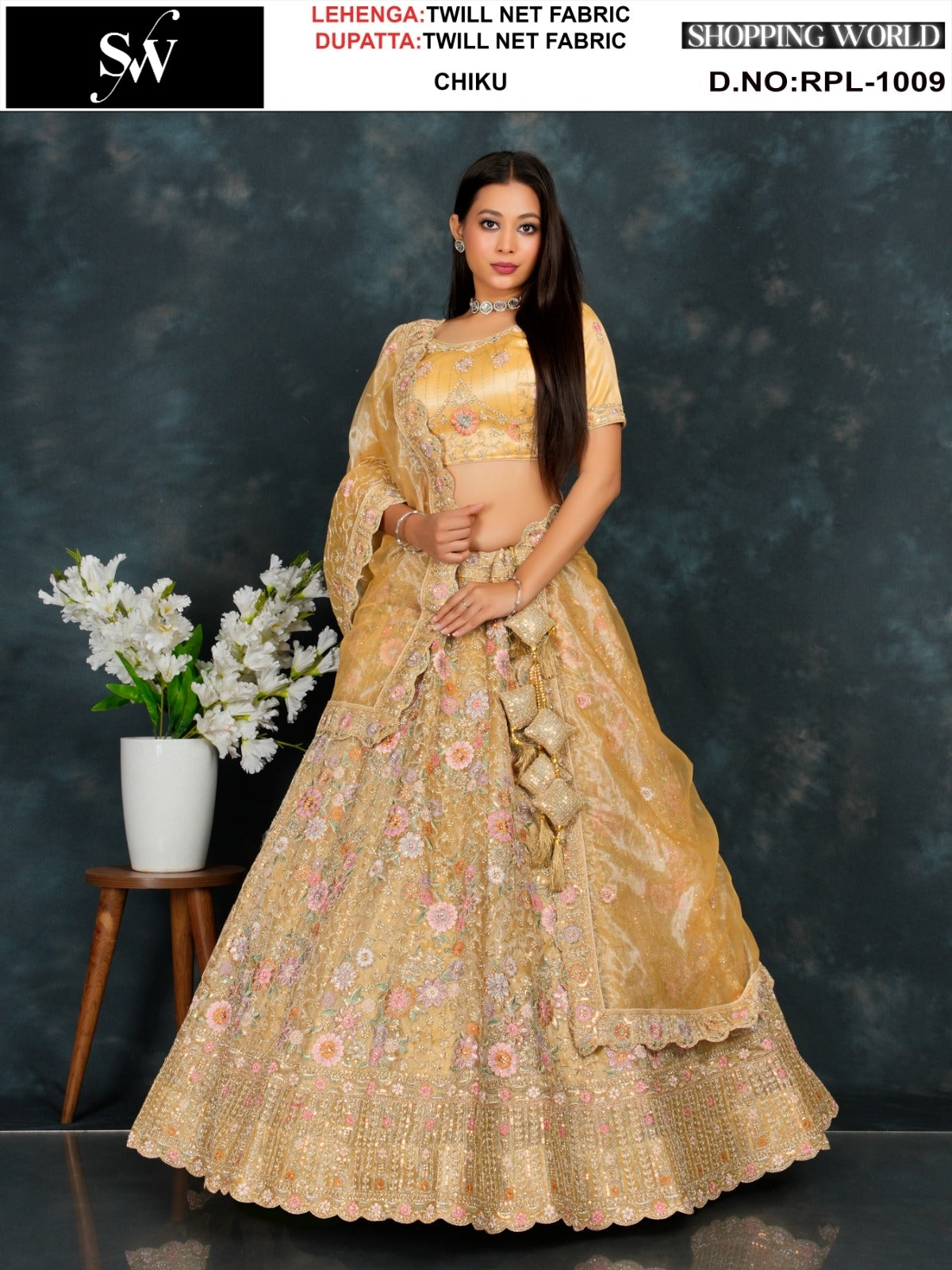 Delightful Chiku golden Twill Net Lehenga