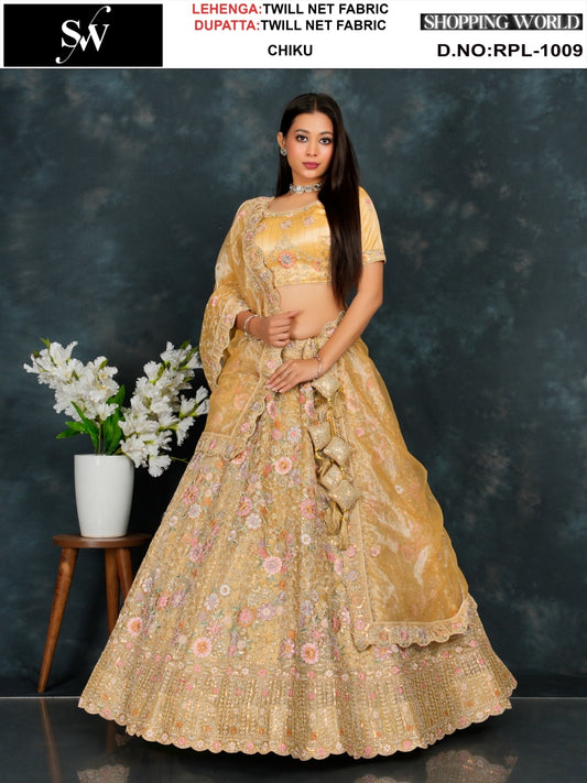 Delightful Chiku golden Twill Net Lehenga